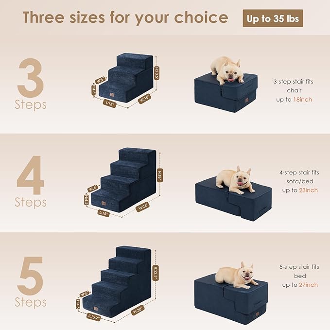 EHEYCIGA Dog Stairs for Small Dogs 13.5" H, 3-Step Dog Steps for Couch Sofa and Chair, Pet Steps for Medium Cats, Non-Slip Balanced Pet Ramp Indoor, Navy Blue-PurrikoPets