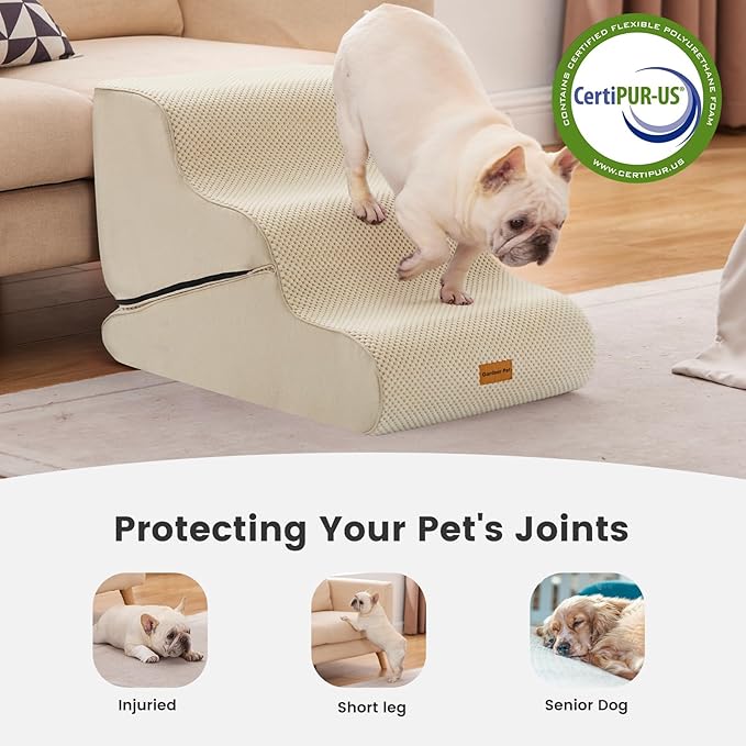 Gardner Pet Dog Stairs for Small Dogs 16.5" H, 2 in 1 Transformable 3-Step Pet Stairs and Dog Ramp for Couch (13-20 in), Beige Adjustable Pet Steps with Non-Slip Waterproof Cover and CertiPUR-US Foam-PurrikoPets