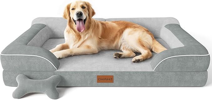 Extra Large Dog Bed, Orthopedic Dog Bed with Cooling Gel Memory Foam, Waterproof XL Pet Bed with Removable Washable Cover, 42" Pet Sofa Couch Dutch Velvet with Bone Toy, Light Gray-PurrikoPets
