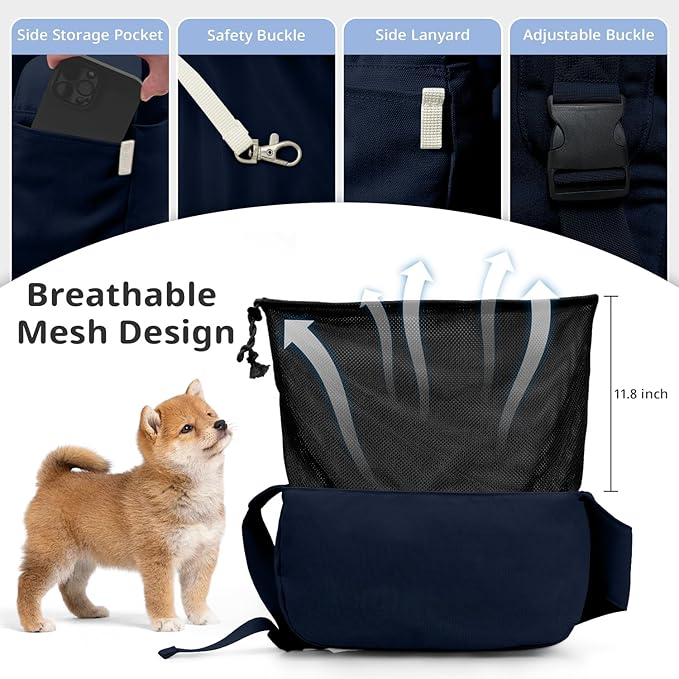 Dog Sling Carrier for Small Dogs and Cats, Lightweight Collapsible Pet Travel Bag with Adjustable Strap, Side Pockets & Breathable Mesh (Navy Blue, 15.7" L x 5.9" W x 8.6" H)-PurrikoPets