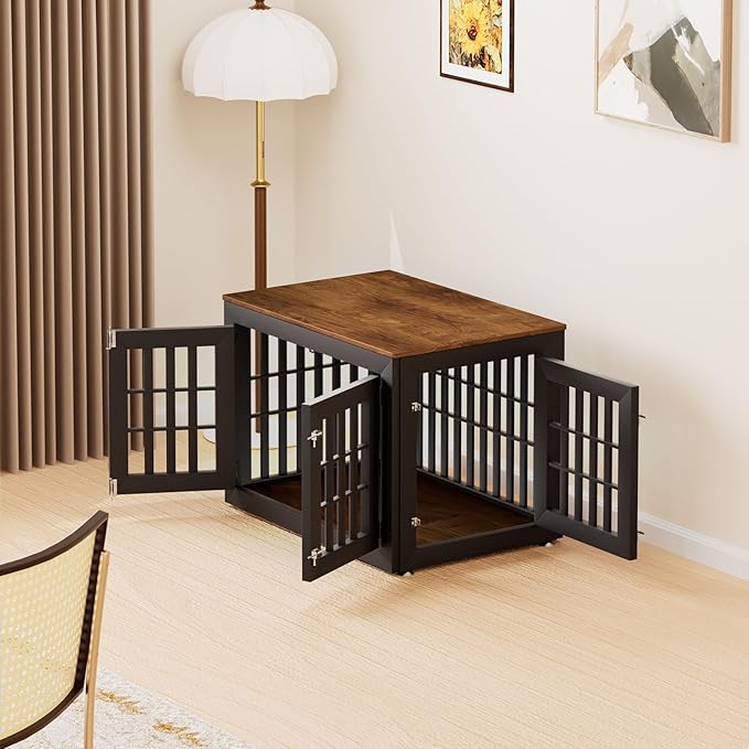 38" Heavy Duty Dog Crate Furniture for Small,Medium and Large Dogs,Rustic Wooden Dog Cage Kennel Indoor Furniture with Waterproof Top,Decorative Pet House Side End Table (Black & Wood)-PurrikoPets
