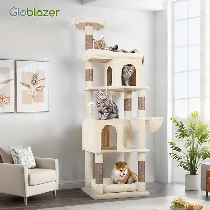 Globlazer Heavy Duty Cat Trees for Large Cats, Sturdy 72in Maine Coon Cat Tree for Large Cat 20 lbs+ Heavy Duty Cat Tower for Adult Biggest Cats with 6 Scratching Posts, Hammock, S72, Beige-PurrikoPets