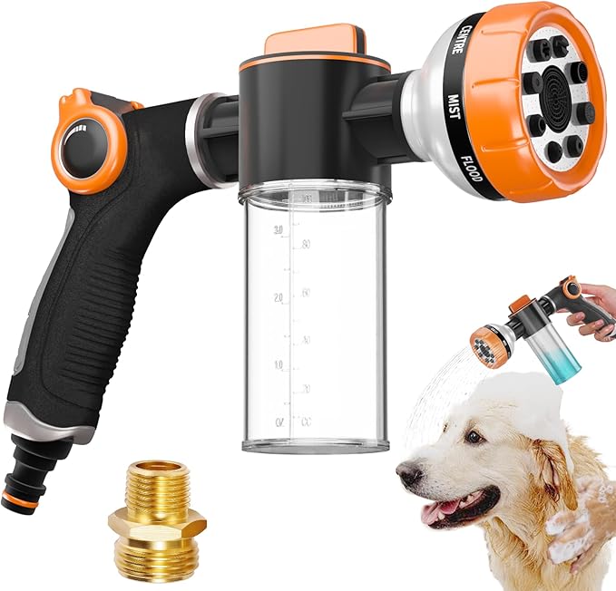 Dog Washing Hose Attachment, Pet Shower, Upgrade 8-in-1 Mode Dog Shower Attachment with 3.5oz 100cc Soap Dispenser, Replacement Hose Adapter for Pet Washing Irrigated Lawn Patio Car Cleaning-PurrikoPets