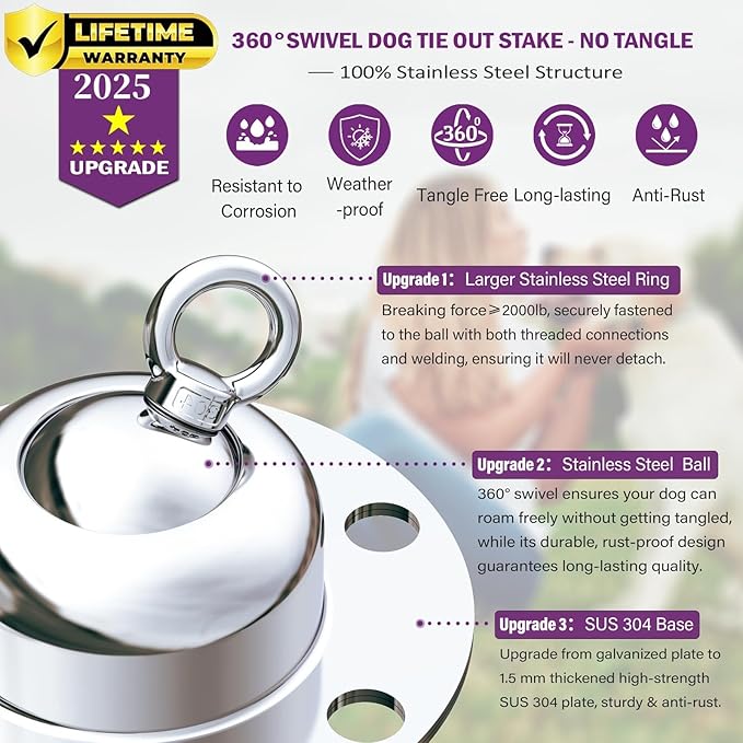 360° Swivel Dog Tie Out Stake Dog Anchor - 2025 Upgrade - Heavy Duty Stainless Steel Dog Yard Stake for Small to Large Dogs 6 PCS Dog Tethers Holds 1500Lbs of Pull Force Great for Yard Camping Outdoor-PurrikoPets