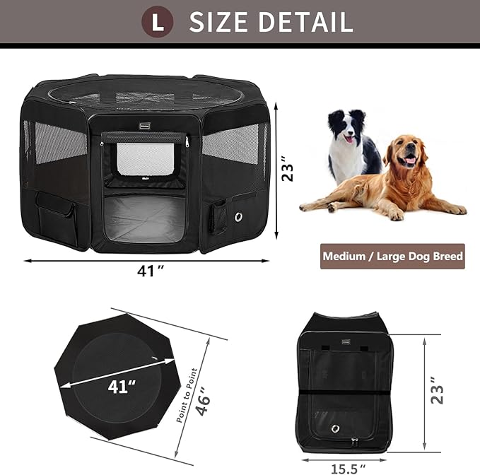 DONORO Dog Playpen Portable Pet Play Pens for Small Dog/Cat/Rabbit/Chicks, Cat Playpen Indoor/Outdoor with Carring Case, Removable Zipper Top and Bottom (Black, Large (46"x46"x23"), 8)-PurrikoPets