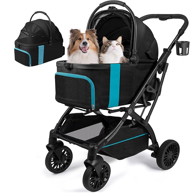Dog Stroller, Cat Strollers, 5-in-1 Pet Stroller with Detachable Waterproof Carrier for Small/Medium Dogs Cats up to 55lbs, All-in-One Fold Without Detaching Carrier for Dogs Cats 10 lbs to 55 lbs-PurrikoPets