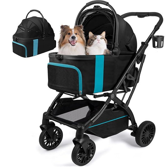Dog Stroller, Cat Strollers, 5-in-1 Pet Stroller with Detachable Waterproof Carrier for Small/Medium Dogs Cats up to 55lbs, All-in-One Fold Without Detaching Carrier for Dogs Cats 10 lbs to 55 lbs-PurrikoPets
