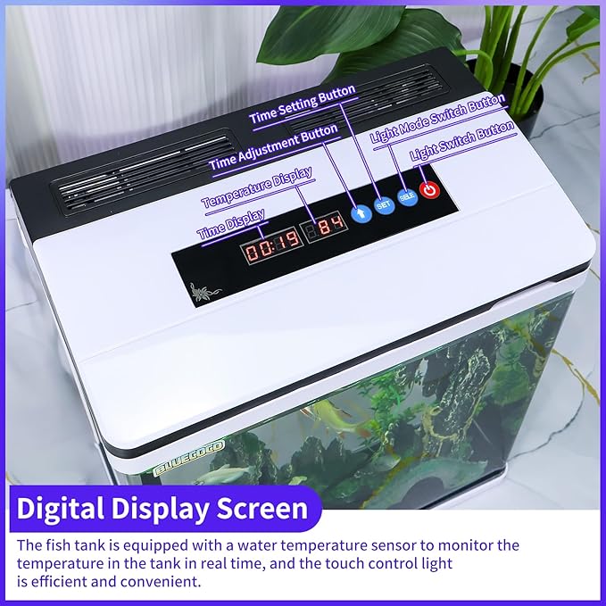 8 Gallon Fish Tank Starter Kit: Glass Aquarium w/Eco-Cycle Filter, 7-Color LED & Air Pump for Betta. Features 360° Crystal View, Temp/Time Display & Quiet Operation All-in-One Aquarium Kit-PurrikoPets