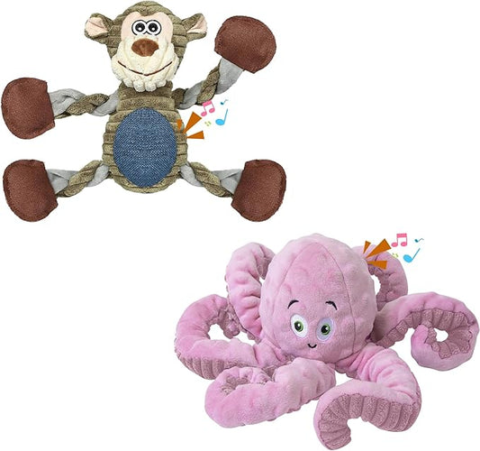2Pack Dog Toys for Large Dog - Plush Squeaky Medium & Small Dog Toys - Stuffed Animals Puppy Toys - (Monkey+Octopus Pink)-PurrikoPets