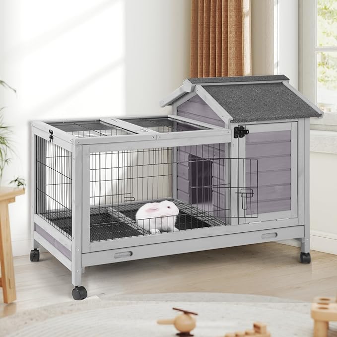 AIVITUVIN Rabbit Hutch Indoor with Wire Rabbit Cage Outdoor Bunny Cage with Run Guinea Pig Cage Leakproof Pull Out Tray-PurrikoPets