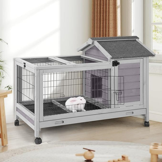 AIVITUVIN Rabbit Hutch Indoor with Wire Rabbit Cage Outdoor Bunny Cage with Run Guinea Pig Cage Leakproof Pull Out Tray-PurrikoPets
