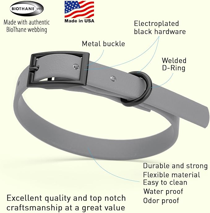Dogline Biothane Waterproof Dog Collar Strong Coated Nylon Webbing with Black Hardware Odor- Proof for Easy Care Easy to Clean High Performance Fits Small Medium or Large Dogs, Battleship Gray-PurrikoPets