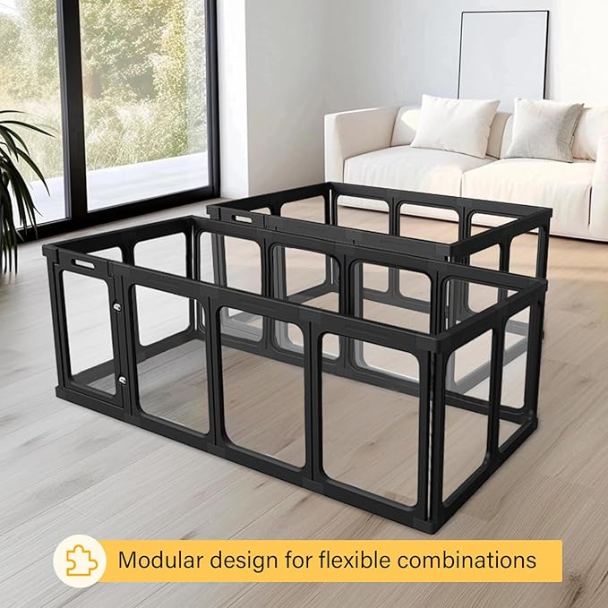 Acrylic Clear Dog Play Pen Indoor, Plastic Puppy Playpen with Door, Clear PlayPen for Dog Cat Rabbit Ferret, Easy Assemble Pen, Preferable Small Cage, 23.6" H, 10PCS, Black-PurrikoPets