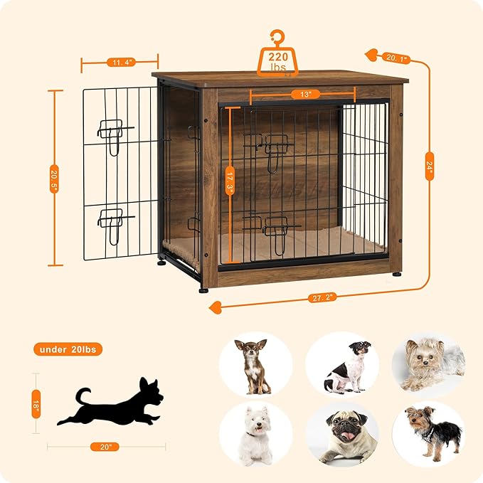 DWANTON Dog Crate Furniture with Cushion, Wooden Kennel Table with Double Doors, Indoor Dog House, Small/Medium/Large Size, 27.2" L, Warm Brown-PurrikoPets