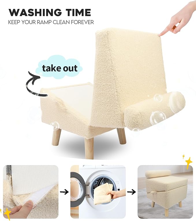 Dog Stairs for Small Dogs and Cats – 2-in-1 Dog Ramp for Bed and Couch, 16.5'' Foldable Wooden Pet Steps, Sturdy Multi-Use Split Ottoman Design, Beige-PurrikoPets