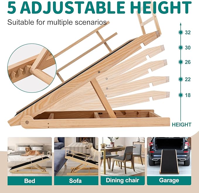Dog Ramp for Bed, Adjustable Pet Ramps for Dog to Get on Bed, Non-Slip Rubber Surface - Folding Wooden Dog Ramp for Small/Large/Old Dogs, Adjustable up to 31 inch High Beds, Safety Railings-PurrikoPets