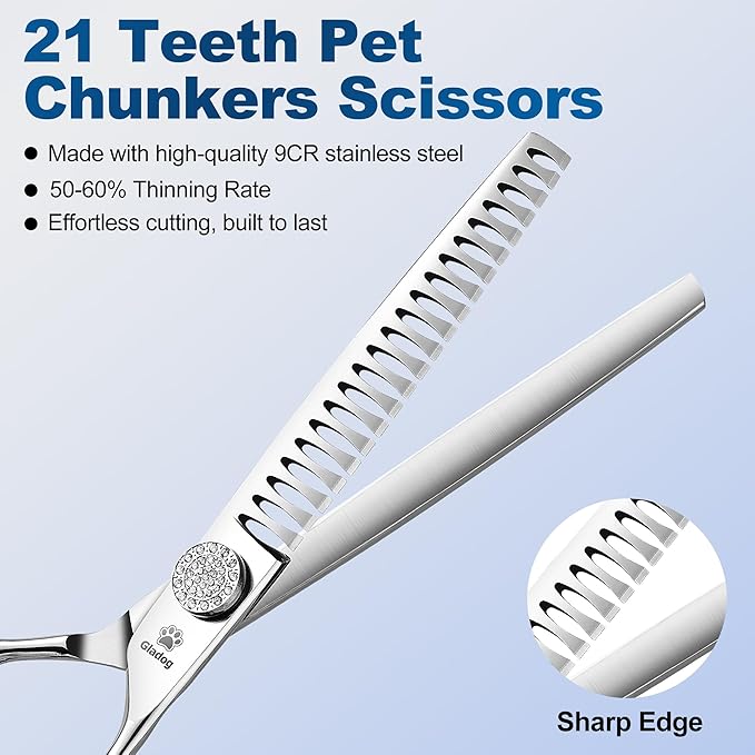 GLADOG 7" Chunkers Dog Grooming Scissors - Premium 9CR Dog Scissors for Grooming with Luxurious Diamond Nut，Ideal Dogs Shears for Reducing Bulk, Dogs Hair Scissor，Cat Scissor-PurrikoPets