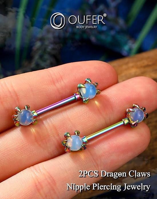 OUFER 14G Nipple Rings - 316L Surgical Steel Piercing Jewelry, 2PCS Pink Opals Surrounded by Dragon Claws Barbell