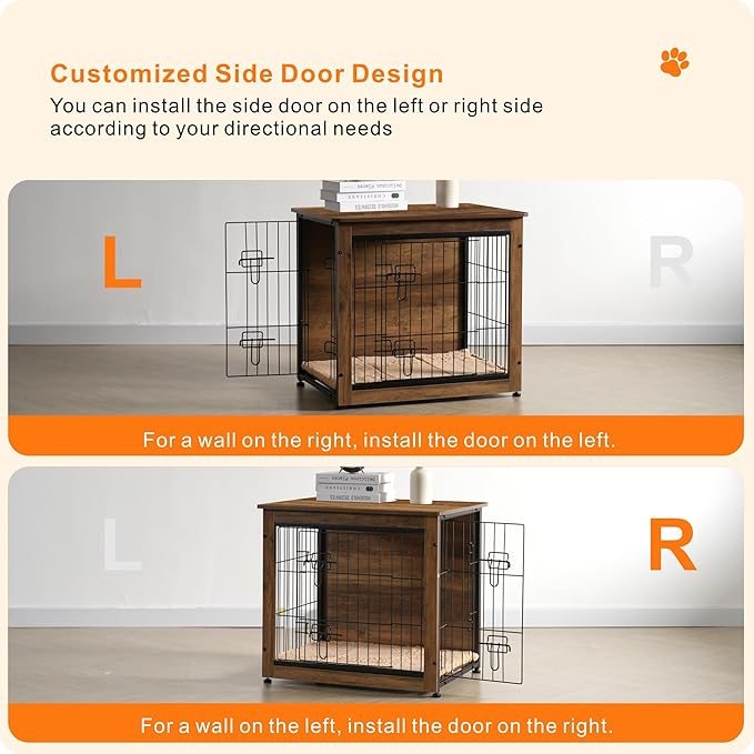 DWANTON Dog Crate Furniture with Cushion, Wooden Kennel Table with Double Doors, Indoor Dog House, Small/Medium/Large Size, 27.2" L, Warm Brown-PurrikoPets