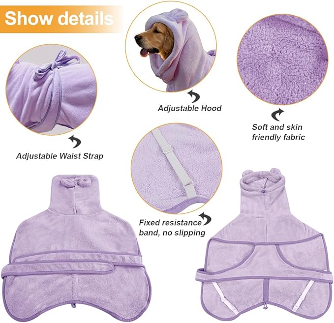 Giant Dog Bath Bubble, Quick Drying Super Absorbent Used for After Bathing, Warm Dog Towels, Adjustable Hoodies and Belts for Pet Dogs Bath Clothes Products(Purple, 6XL)-PurrikoPets
