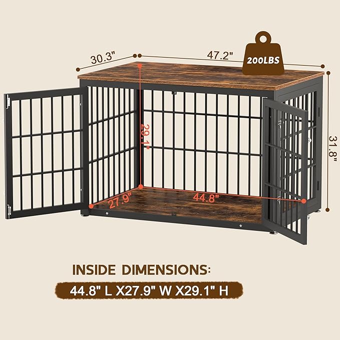 48 Inch Rustic Heavy Duty Dog Crate Furniture for Extra Large Dogs, Decorative Pet House End Table, Wooden Cage Kennel Furniture Indoor, Black and Brown-PurrikoPets