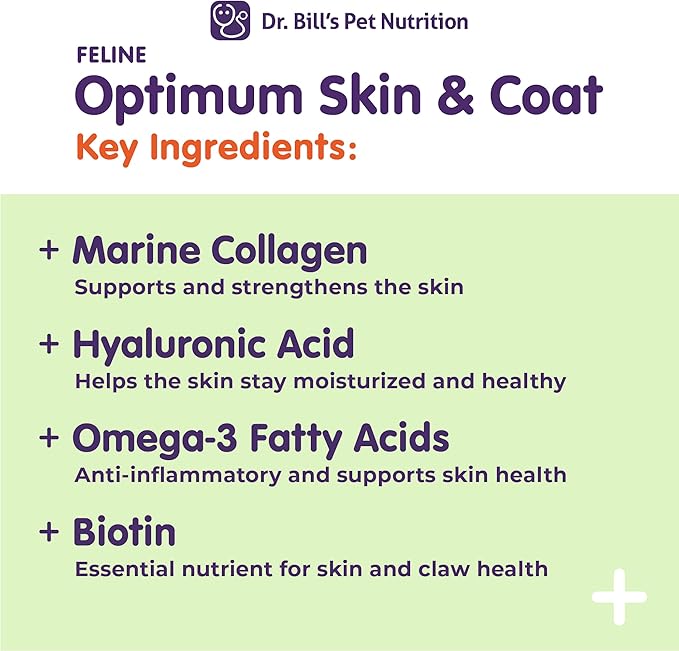 Dr. Bill’s Feline Optimum Skin & Coat – Fish Oil Omega-3 Fatty Acids for Cats Healthy Fur | Reduce Shedding and Hairballs with Biotin, Type I & III Marine Collagen, Hyaluronic Acid, & Folic Acid-PurrikoPets