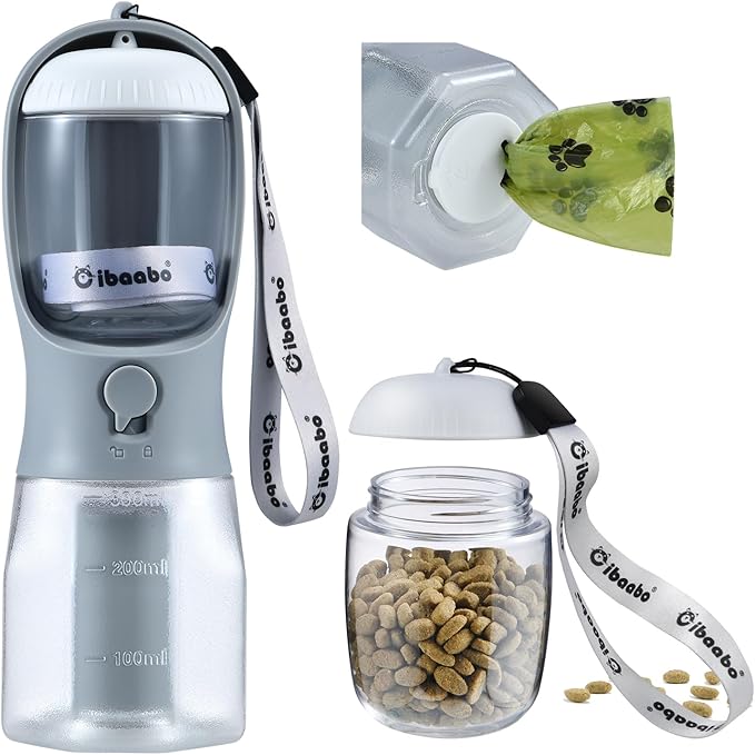 Dog Water Bottle with Food Container & Poop Bag Holder, Travel Water Bowl, Portable Pet Dispenser, Dog Stuff Accessories Items, Puppy Essentials Necessities for Yorkie Chihuahua Walking Hiking-PurrikoPets