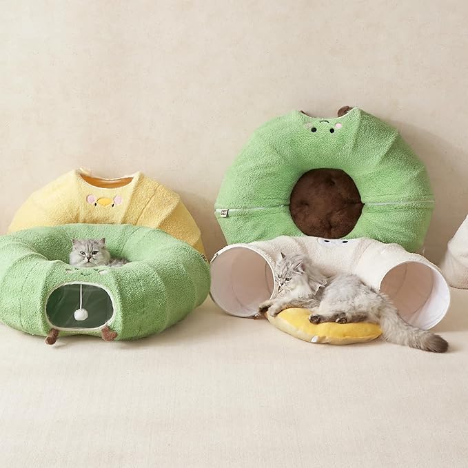 EHEYCIGA Cat Tunnel Bed for Indoor Cats, Cute Cat Donut Toy Tunnel for Small Large Cats with Washable Circle Cushion, Peekaboo Pet Cave Play Tunnel for Kitten, Puppy, Rabbit-PurrikoPets