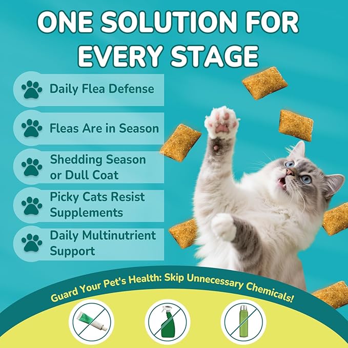 4-IN-1 Flea and Tick Prevention for Cats, 500 Crunchy & Creamy Chews, Cat Flea Treatment, Natural Oral Flea Treatment for Cats, Daily Support for Flea, Immune, Skin & Coat, Gut, Chicken Flavor-PurrikoPets
