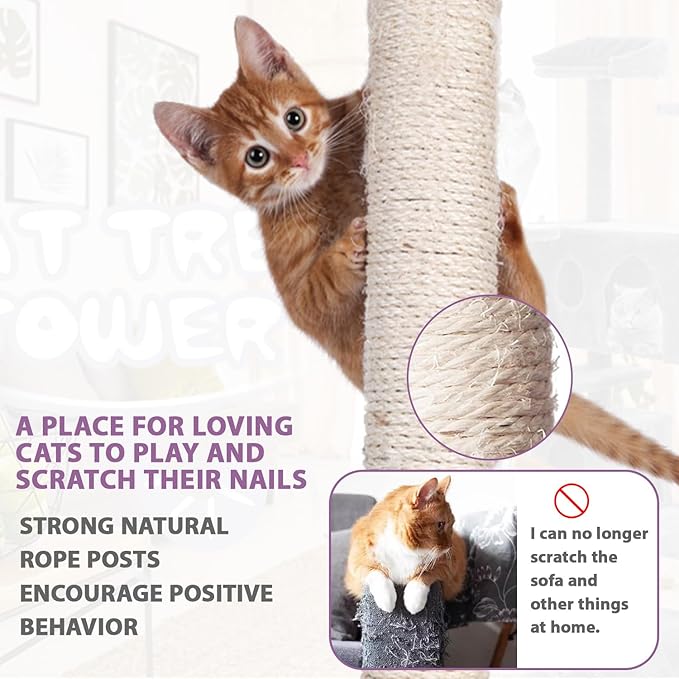 70 Inches Cat Tower for Indoor Cats, Multi-Level Cat Condos with Scratching Posts, Hanging Toys, Ashy-PurrikoPets