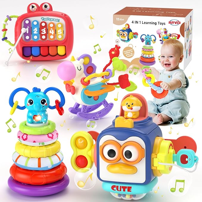4 in 1 Baby Toys for 6 12 18 Month, Learning Toys for Babies 6-12 Months, Busy Cube, Stacking Sorter, Piano Xylophone Pull String Travel Toy, Birthday Gifts for Toddlers 1 2 Years Old-PurrikoPets
