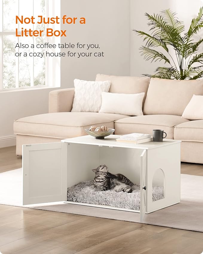 Feandrea Cat Litter Box Enclosure, Litter Box Furniture Hidden with Removable Divider, Indoor Cat House, End Table, 31.5 x 20.9 x 19.7 Inches, White UPCL002W01-PurrikoPets