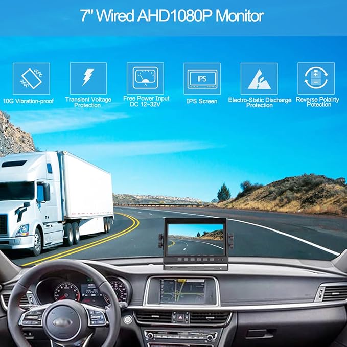 AHD 1080P 7" Reverse Rear View Backup Dual Twin Lens Camera System, Point Each Lens in a Different Direction, IR, Waterproof, 10G Vibration-Proof for Tractor/Truck/Camper/Caravan/Skid Steer/Harvester-PurrikoPets