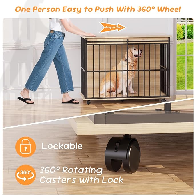43.7" Dog Crate Furniture, XL Dog Crate Dog Kennel Indoor with Wheels for Large Medium Small Dogs, Wooden Dog Kennel End Table with Sliding Door Wooden Furniture Crates for Living Room, Bedroom-PurrikoPets