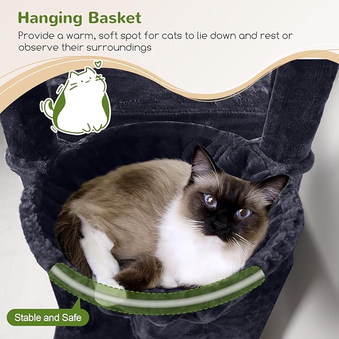 Globlazer Cat Tree Tower, 76-Inch Extra Tall Multi-Level Cat Furniture with Cozy Condos, Hammock and Perches for Adult Cats, Perfect for Climbing, Scratching, and Play, F76, Dark Grey-PurrikoPets