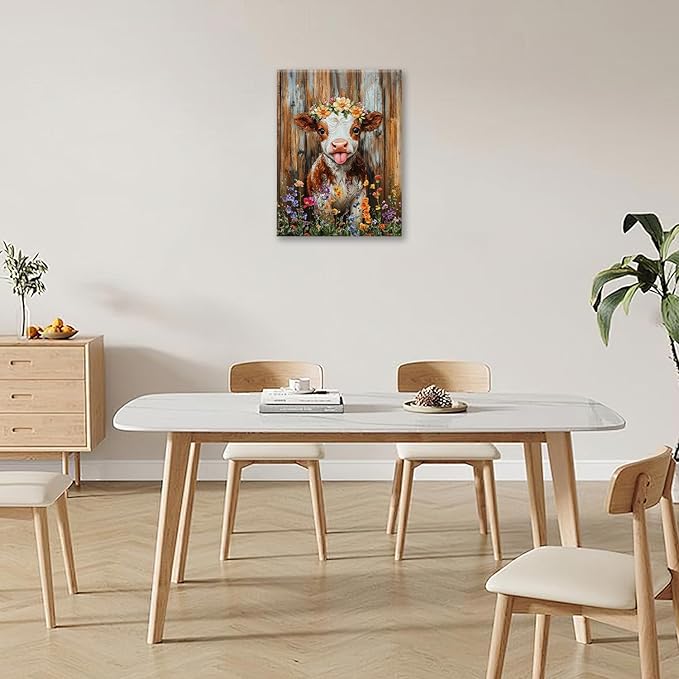 Funny Cow Bathroom Pictures Wall Art, Rustic Brown Cute Cow Bathroom Wall Decor, Farmhouse Floral Framed Painting Animal Flower Canvas Artwork for Bedroom Living Room Decorations 16"L x 12"W-PurrikoPets