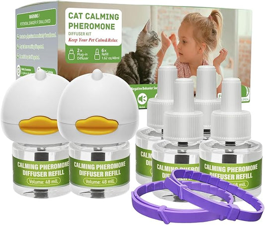 2 Diffusers& 6 Refills +2pcs Calming Collar Cat Calming Diffuser, Plug in Diffuser Cat Pheromone Calming Diffuser Starter Kit Helps Ruduce Anxious, Anti-Stress & Comforts Cats-PurrikoPets