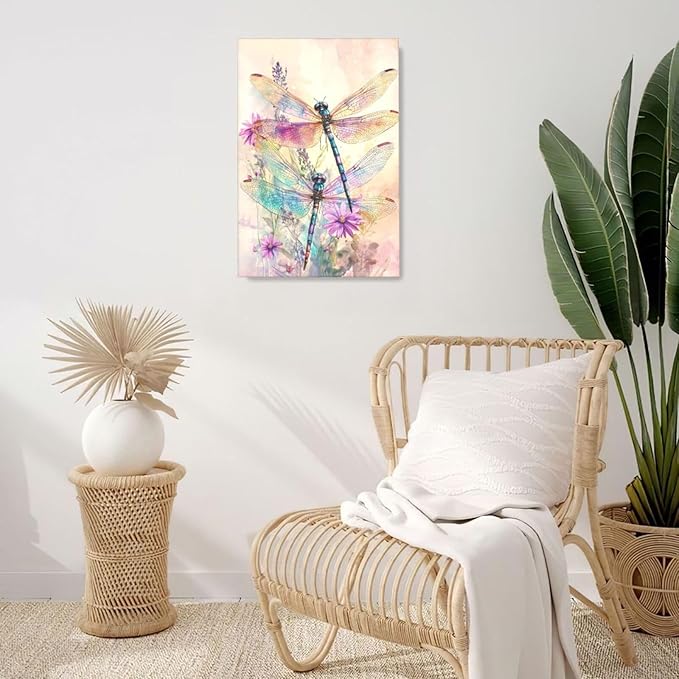 Dragonfly Bathroom Pictures Wall Art, Floral Bathroom Wall Decor, Framed Painting Canvas Artwork for Bedroom Living Room Decorations 24"L x 16"W-PurrikoPets