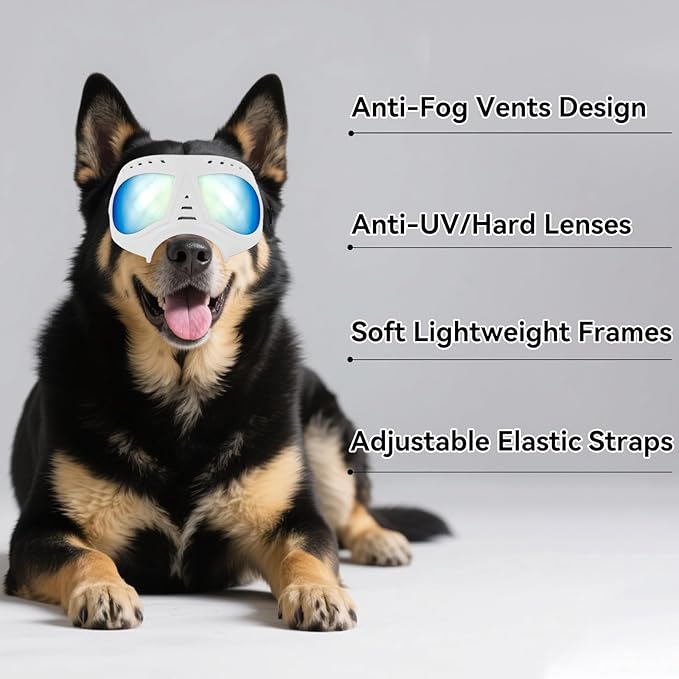 Dog Goggles for Medium-Large Breeds Windproof Anti-UV Pet Sunglasses with Adjustable Straps for Large Dog - White-PurrikoPets
