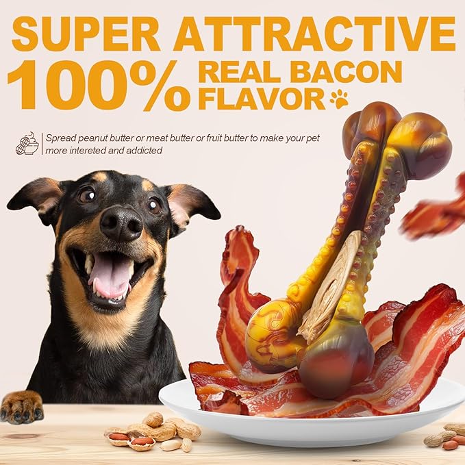 Dog Toys for Aggressive Chewers, Indestructible Dog Chew Toys for Large Medium Small Breed, Tough Nylon Interactive Durable Chew Toy Bone for Puppy Teething Toy Bacon Flavor, Best Gift&Keep Them Busy-PurrikoPets