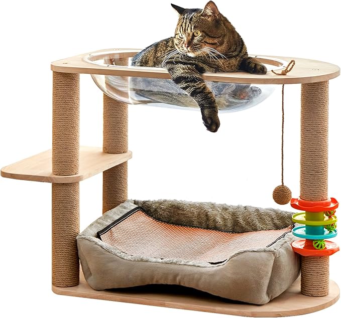 2 Tier Cat Tower,21.85 in cat Perch Wood cat condo with Hammock and Sisal Rope Scratcher Post Hanging Toy Balls for Indoor Large Cats Kittens (Grey)-PurrikoPets