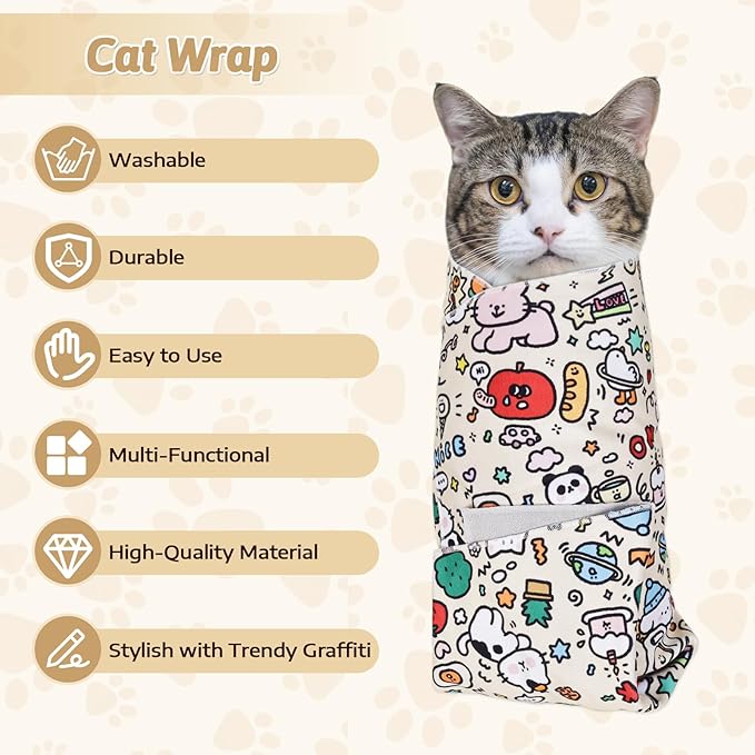 3-in-1 Cat Grooming Restraint Bag for Nail Trimming, Ear Cleaning & Medicine - Escape-Proof Design with Anti-Scratch Lining, Calming Pressure - Fits Cats & Kittens Up to 15lbs-PurrikoPets