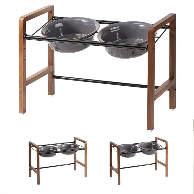 8.7inch Ceramic Adjustable Raised Double Bowls Set with Stand, 3 Heights Elevated, 2 Placement Options,Food and Water Dishes for Large Dog(Double Bowls+Stand, Reactived Glaze -Grey)-PurrikoPets