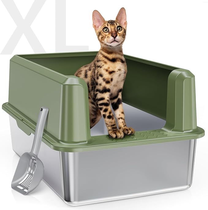 Enclosed Stainless Steel Cat Litter Box with Lid, XL Extra Large Litter Box for Big Cats, Metal Litter Pan High Sided, Never Absorbs Odors, Anti-Urine Leakage, Include Scoop (Green)-PurrikoPets