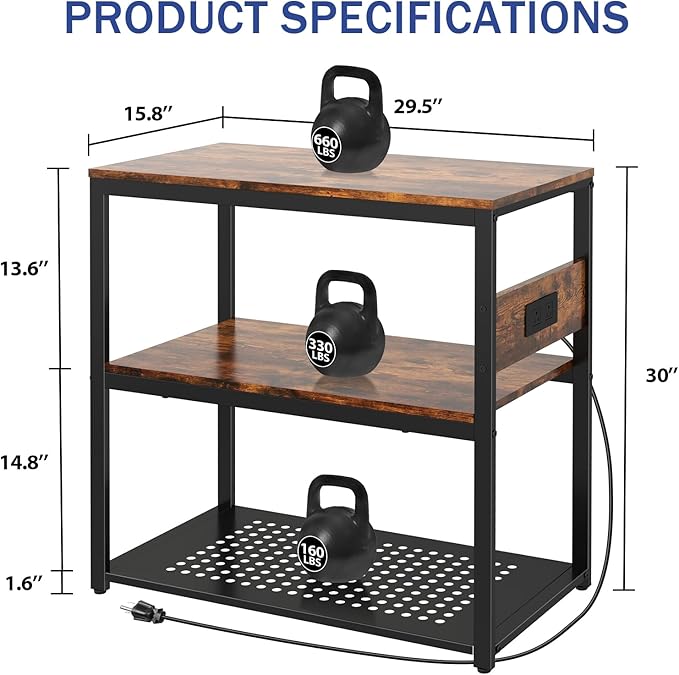 20-29 Gallon Fish Tank Stand With Power Outlets, 3-Tier Metal Aquarium Stands, Breeder Reptile Tank Stand with Shelf for Home Office, 660LBS Capacity, 29.5 x 15.8 x 30.1 inches, Brown-PurrikoPets