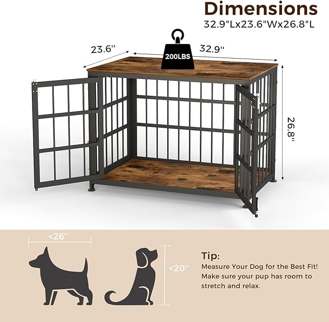 32 Inch Heavy Duty Wooden Dog Kennel End Table with Double Door Design and Secure Locks, Indoor Pet Crate Furniture for Medium Dogs, Decorative Home Cage Design,Aged Black-PurrikoPets