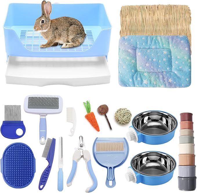 25 Pcs Large Rabbit Starter Kit, Bunny Litter Box with Drawer Animal Grooming Kit Stacking Cups Bowl Blankets Mat with Cleaning Set for Adult Guinea Pig, Ferret, Hamster, Bunnies Accessories (Blue)-PurrikoPets