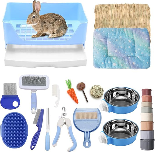 25 Pcs Large Rabbit Starter Kit, Bunny Litter Box with Drawer Animal Grooming Kit Stacking Cups Bowl Blankets Mat with Cleaning Set for Adult Guinea Pig, Ferret, Hamster, Bunnies Accessories (Blue)-PurrikoPets