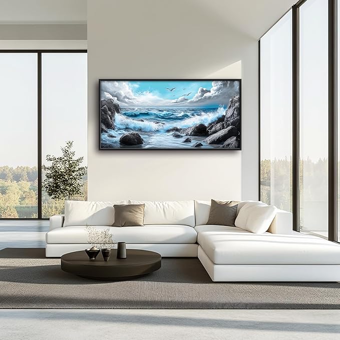 Extra Large Framed Abstract Sea Ocean Wall Art,Black and White Wall Decor, Coastal Seashore Pictures for Living Room,Canvas Print Painting Modern Artwork Bedroom Office Bathroom 60L x 30W-PurrikoPets