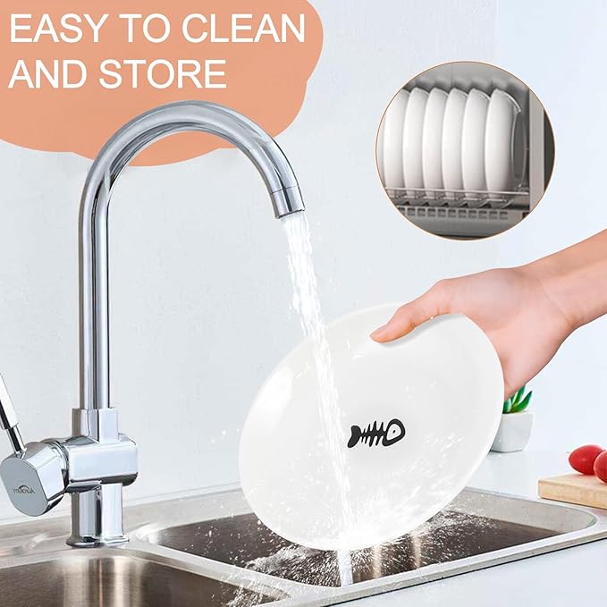 6 Pack Cat Food Bowl, Ceramic Cat Bowls, Anti Whisker Fatigue Cats Bowl Set,5.5 Inches Shallow Wide Kitten Plates for Food and Water (Fishbone Style)-PurrikoPets